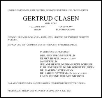 Todesanzeige von Gertrud Clasen von WESTFÄLISCHER ANZEIGER