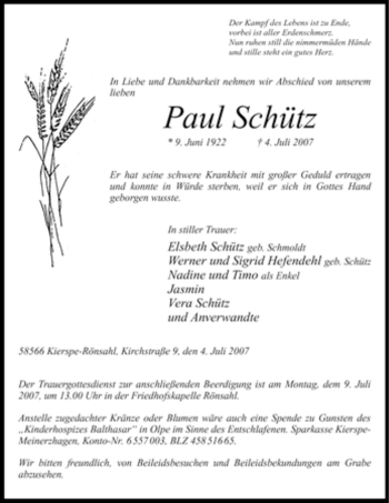 Todesanzeige von Paul Schütz von WESTFÄLISCHER ANZEIGER