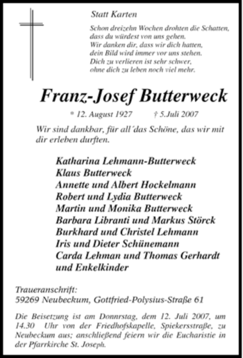 Todesanzeige von Franz-Josef Butterweck von WESTFÄLISCHER ANZEIGER