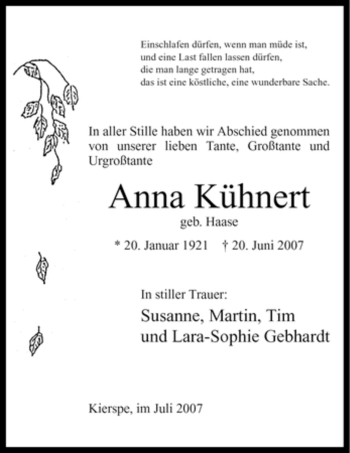 Todesanzeige von Anna Kühnert von WESTFÄLISCHER ANZEIGER