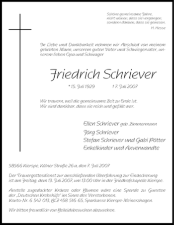 Todesanzeige von Friedrich Schriever von WESTFÄLISCHER ANZEIGER