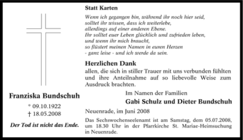 Todesanzeige von Franziska Bundschuh von WESTFÄLISCHER ANZEIGER
