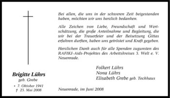 Todesanzeige von Brigitte Lührs von WESTFÄLISCHER ANZEIGER