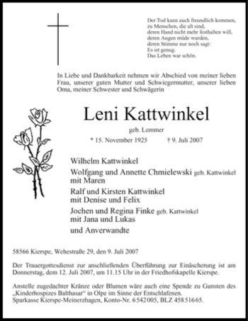 Todesanzeige von Leni Kattwinkel von WESTFÄLISCHER ANZEIGER