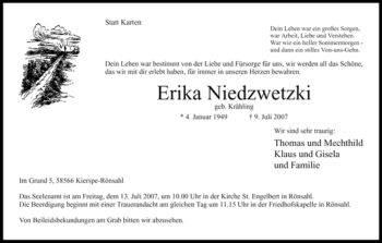 Todesanzeige von Erika Niedzwetzki von WESTFÄLISCHER ANZEIGER