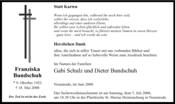 Todesanzeige von Franziska Bundschuh von WESTFÄLISCHER ANZEIGER