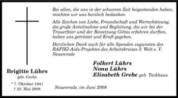 Todesanzeige von Brigitte Lührs von WESTFÄLISCHER ANZEIGER