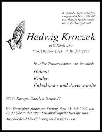 Todesanzeige von Hedwig Kroczek von WESTFÄLISCHER ANZEIGER