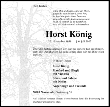 Todesanzeige von Horst König von WESTFÄLISCHER ANZEIGER