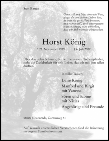Todesanzeige von Horst König von WESTFÄLISCHER ANZEIGER