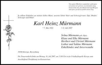 Todesanzeige von Karl Heinz Mürmann von WESTFÄLISCHER ANZEIGER