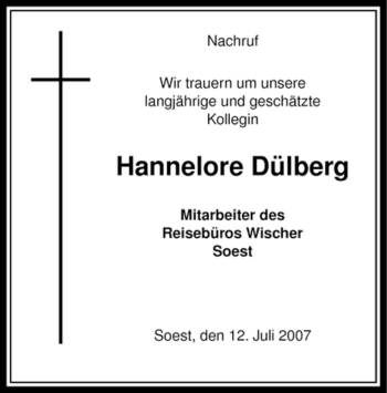 Todesanzeige von Hannelore Nachruf Dülberg von WESTFÄLISCHER ANZEIGER