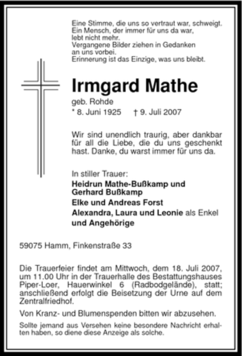 Todesanzeige von Irmgard Mathe von WESTFÄLISCHER ANZEIGER