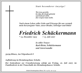 Todesanzeige von Friedrich Schäckermann von WESTFÄLISCHER ANZEIGER
