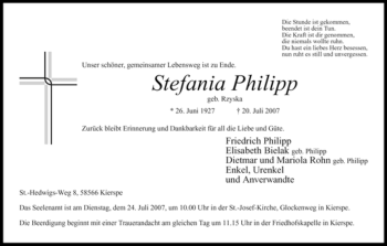 Todesanzeige von Stefania Philipp von WESTFÄLISCHER ANZEIGER