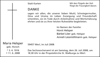 Todesanzeige von Maria Helsper von WESTFÄLISCHER ANZEIGER
