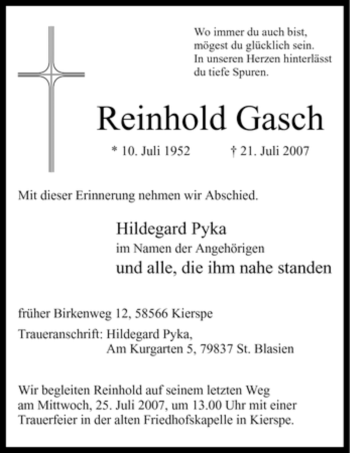 Todesanzeige von Reinhold Gasch von WESTFÄLISCHER ANZEIGER
