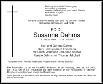 Todesanzeige von PD  Susanne Dahms von WESTFÄLISCHER ANZEIGER