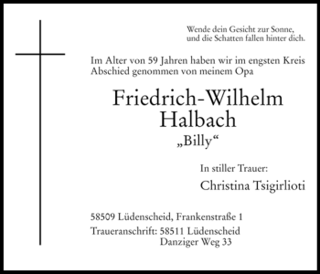 Todesanzeige von Friedrich-Wilhelm Halbach von WESTFÄLISCHER ANZEIGER