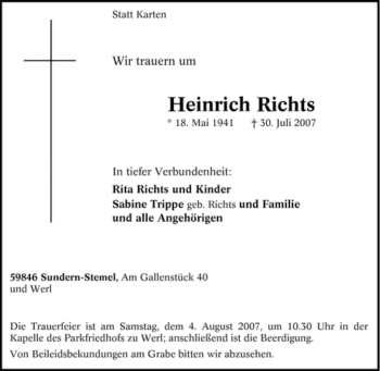 Todesanzeige von Heinrich Richts von WESTFÄLISCHER ANZEIGER