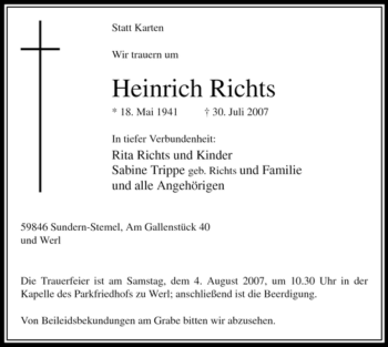 Todesanzeige von Heinrich Richts von WESTFÄLISCHER ANZEIGER