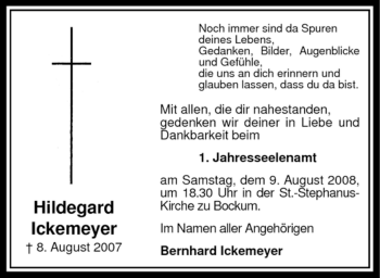 Todesanzeige von Hildegard Ickemeyer von WESTFÄLISCHER ANZEIGER