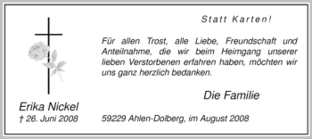 Todesanzeige von Erika Nickel von WESTFÄLISCHER ANZEIGER