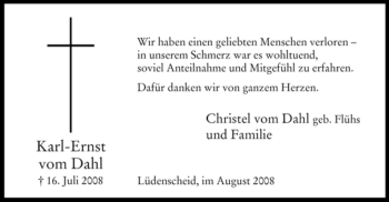 Todesanzeige von Karl-Ernst vom Dahl von WESTFÄLISCHER ANZEIGER
