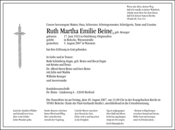 Todesanzeige von Ruth Martha Emilie Beine von WESTFÄLISCHER ANZEIGER