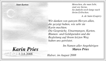 Todesanzeige von Karin Pries von WESTFÄLISCHER ANZEIGER