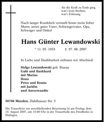 Todesanzeige von Hans Günter Lewandowski von WESTFÄLISCHER ANZEIGER