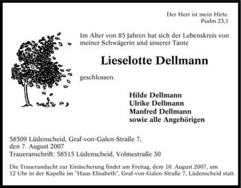 Todesanzeige von Lieselotte Dellmann von WESTFÄLISCHER ANZEIGER