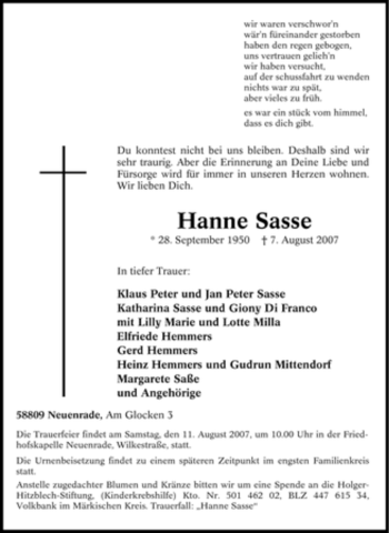 Todesanzeige von Hanne Sasse von WESTFÄLISCHER ANZEIGER