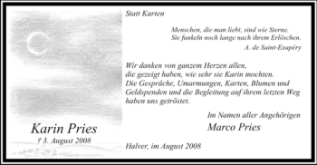 Todesanzeige von Karin Pries von WESTFÄLISCHER ANZEIGER