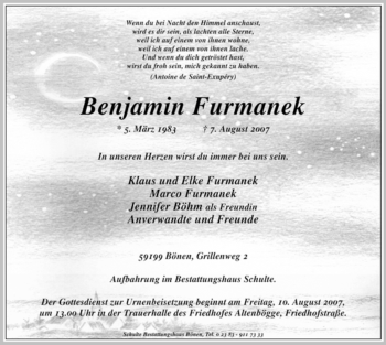 Todesanzeige von Benjamin Furmanek von WESTFÄLISCHER ANZEIGER