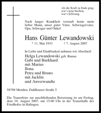 Todesanzeige von Hans Günter Lewandowski von WESTFÄLISCHER ANZEIGER