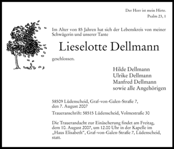 Todesanzeige von Lieselotte Dellmann von WESTFÄLISCHER ANZEIGER