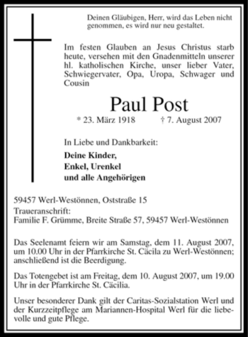 Todesanzeige von Paul Post Paul von WESTFÄLISCHER ANZEIGER