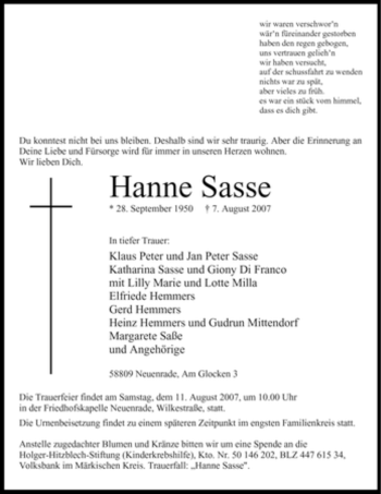 Todesanzeige von Hanne Sasse von WESTFÄLISCHER ANZEIGER