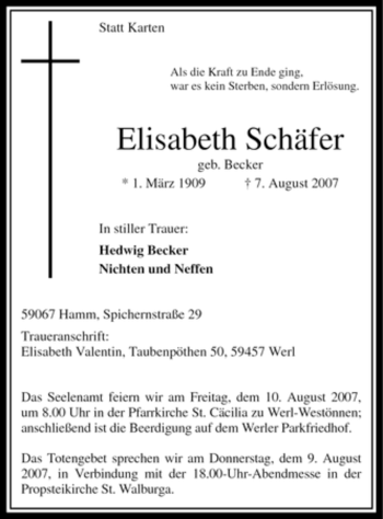 Todesanzeige von Elisabeth Schäfer von WESTFÄLISCHER ANZEIGER