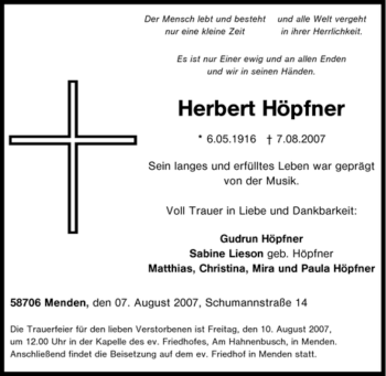 Todesanzeige von Herbert Höpfner von WESTFÄLISCHER ANZEIGER