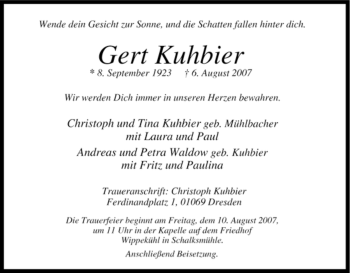 Todesanzeige von Gert Kuhbier von WESTFÄLISCHER ANZEIGER