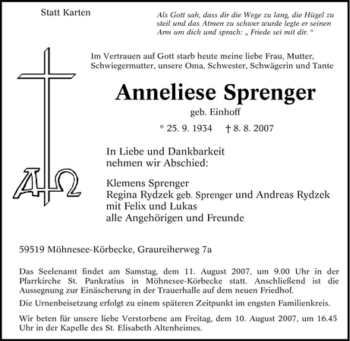 Todesanzeige von Anneliese Sprenger von WESTFÄLISCHER ANZEIGER