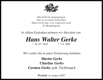 Todesanzeige von Hans Walter Gerke von WESTFÄLISCHER ANZEIGER