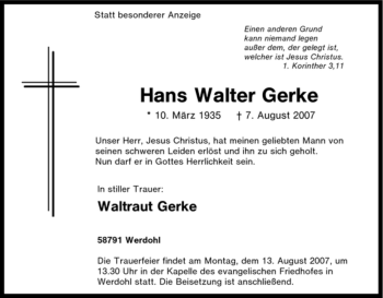 Todesanzeige von Hans Walter Gerke von WESTFÄLISCHER ANZEIGER