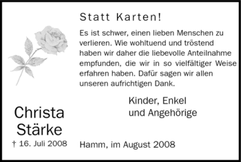 Todesanzeige von Christa Stärke von WESTFÄLISCHER ANZEIGER