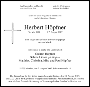 Todesanzeige von Herbert Höpfner von WESTFÄLISCHER ANZEIGER