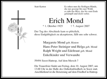Todesanzeige von Erich Mond von WESTFÄLISCHER ANZEIGER