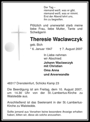Todesanzeige von Theresie Waclawczyk von WESTFÄLISCHER ANZEIGER