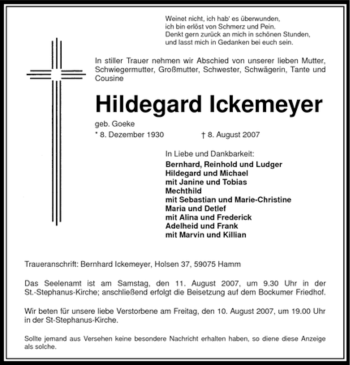 Todesanzeige von Hildegard Ickemeyer von WESTFÄLISCHER ANZEIGER